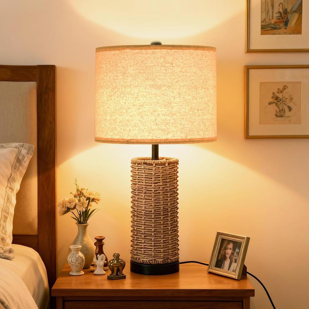 23.3" Boho Table Lamps for Living Room, Bedside Lamp for Nightstands, Rattan Lamp Wicker Lamp for Bedroom, Farmhouse Rustic Woven Table Lamp for Kitchen Room Decor, End Table, Retro(No Bulb)