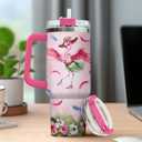 Red Steel Women Adults For Coffee Flower Tumblers Stainless Rose Simple Handle Quartz, Tumbler 40 Oz With Handle Lid And Straw, Funny Flamingo Tropical Floral, Flamingo Gifts
