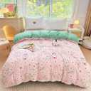 Kids Cartoon Bedding Set Pink Floral Duvet Cover 3PCS Kawaii Duvet Cover Set, Ultra-Soft Comforter Cover Reversible Design for Girls Boys(Queen,Flowers)