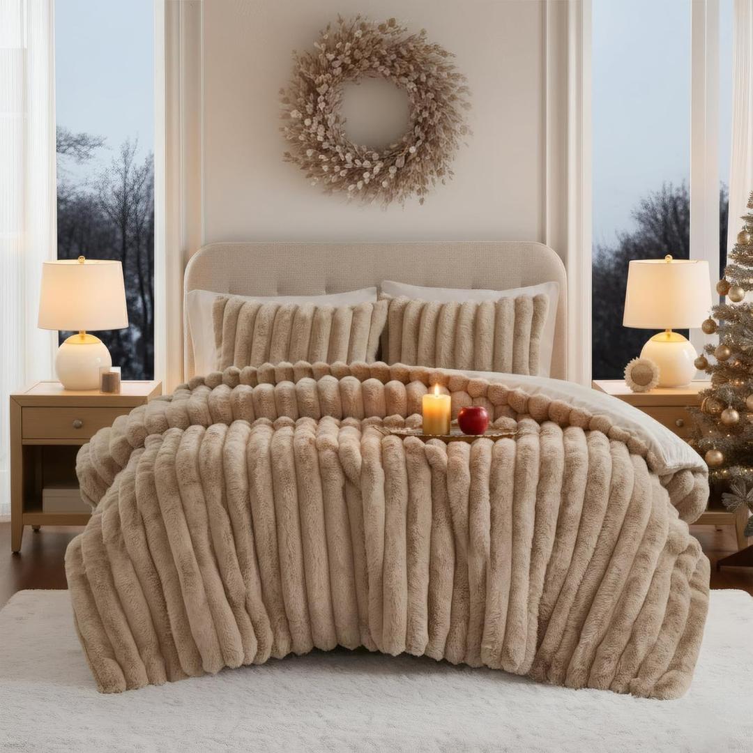 Madison Park King Comforter Set Reversible Faux-Fur Plush Comforters for King Size Bed, All Season Luxurious Ribbed Velvet Comforters King Size Bedding Set, Jasmine, King, Taupe 3 Piece