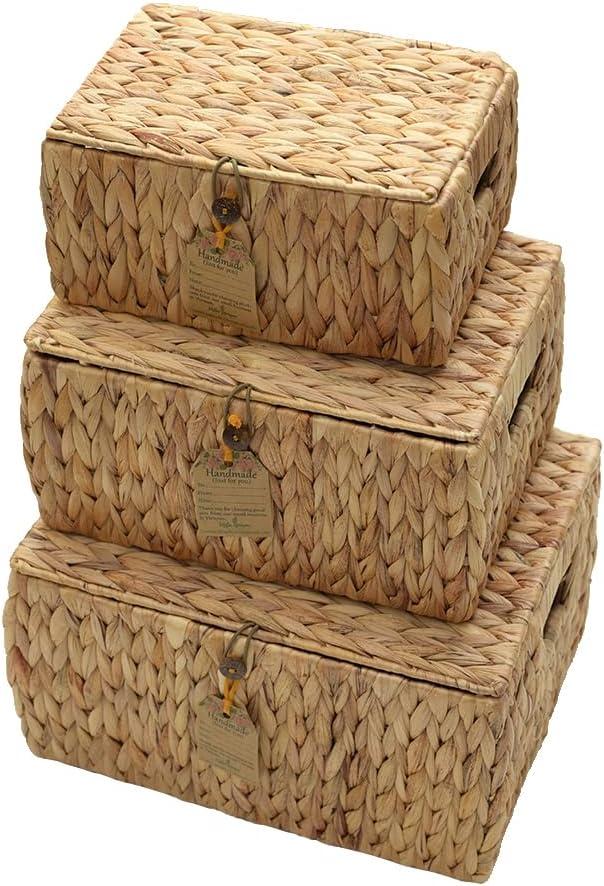 Water Hyacinth Storage Baskets with Lids Set of 3, Woven Wicker Basket with Lid for Shelves Natural Rectangular Lidded Storage Bins, Stackable Nesting Baskets, Bedroom Bathroom Closet Organizer