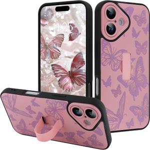 for iPhone 16 Case with Finger Strap Holder, Cute Cool Butterfly Print Pattern Design for Women Girls, Shockproof Anti Scratch Hand Kickstand Protective Cover, Pink