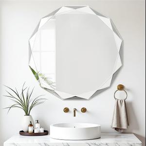 Bathroom Mirror for Wall, 24" x 24" Circle Bathroom Vanity Mirror, Beveled Edge Frameless Wall Mount Vanity Mirror, Decorative Round Irregular Beveled Edge (Nature)