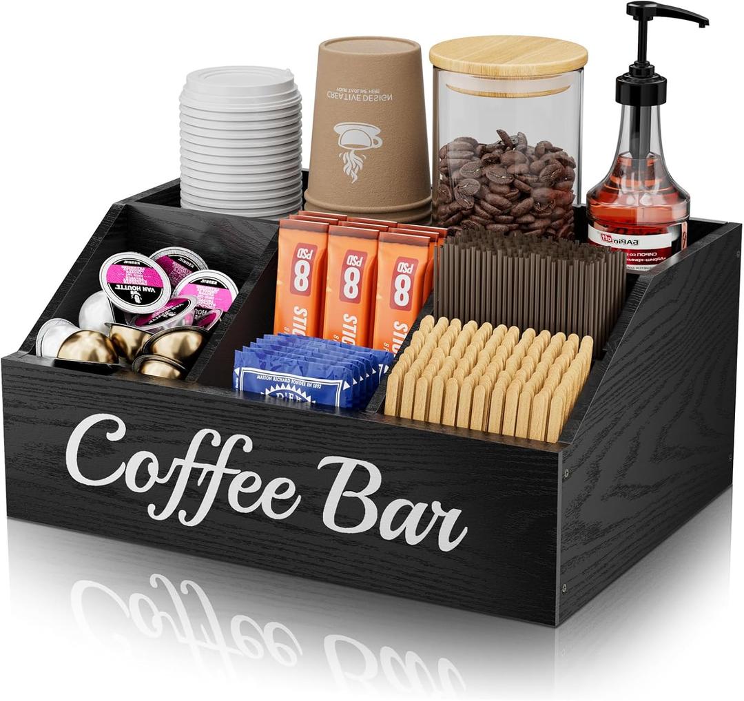 Coffee Station Organizer for Countertop  Wooden Coffee Bar Organizer with Adjustable Dividers,Holds K Cup Pod & syrup bottles, for Kitchen, Office, or Bar and Tea Station