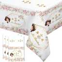 MEHOFOND 3 Pack Mi Bautizo Tablecloths, 108 x 54 Inch Pink Flowers First Holy Communion Tablecloths,Girl Mi Primera Comunin Party Decorations, God Bless Party Table Cover Decor