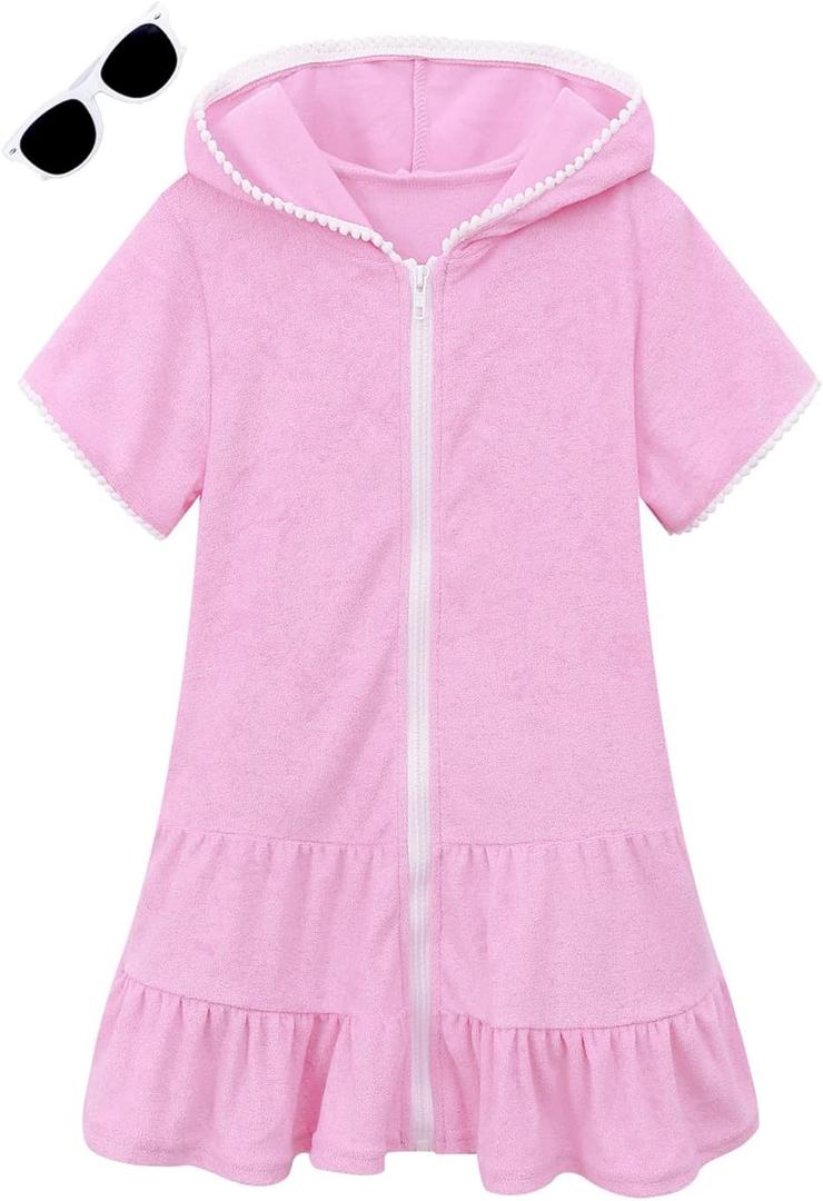 LUCKYGAL Girls Swim Cover Up Kids Swimsuit Coverup Terry Zip-Up Beach Bathing Suit Wraps with Sunglasses (6-7 Years, Pink)