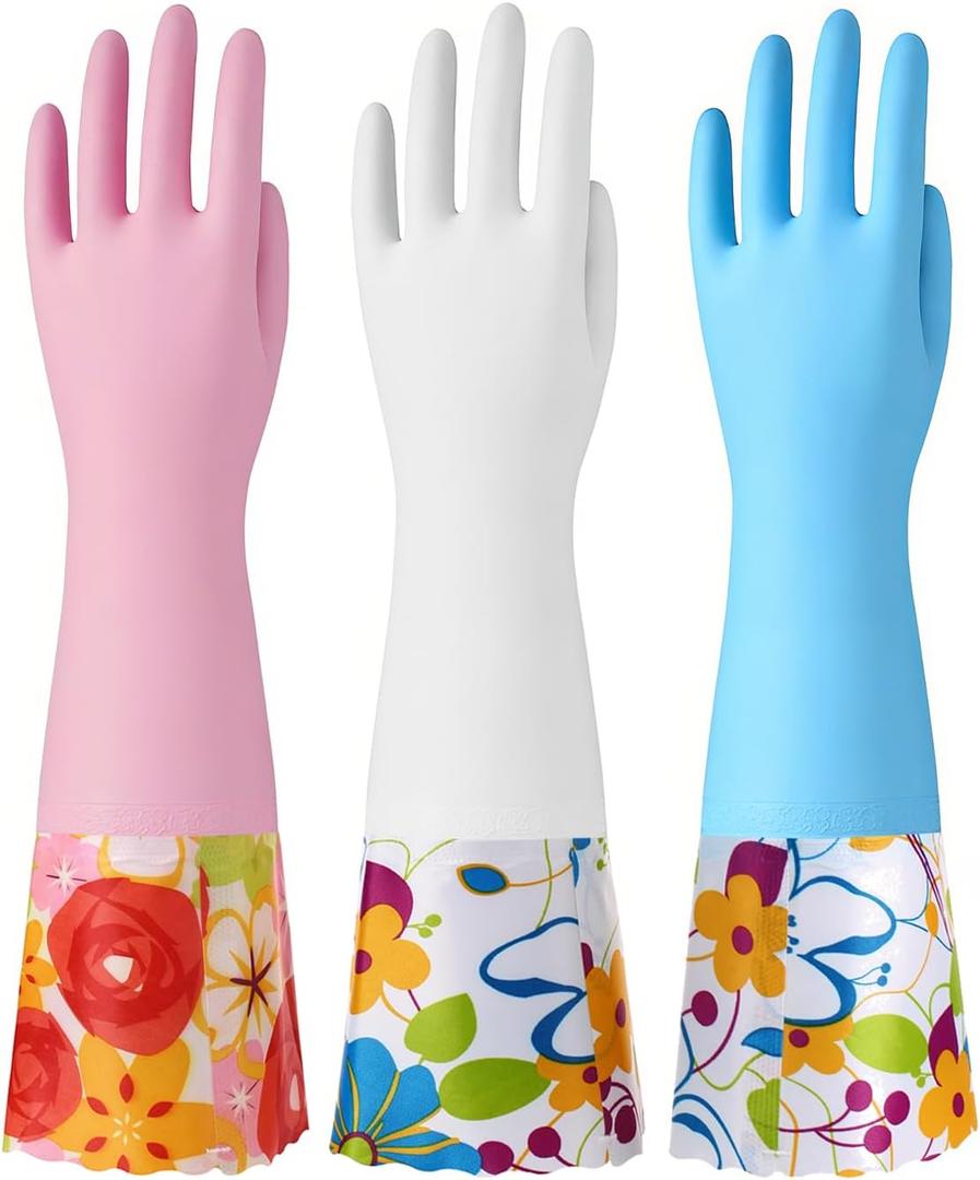 Bamllum 3 Pairs Rubber Cleaning Gloves, Household Kitchen Dishwashing Gloves with Cotton Flocked Liner, Long Cuff 16 Inches, Reusable, Non-Slip (Medium, Blue+Pink+White)