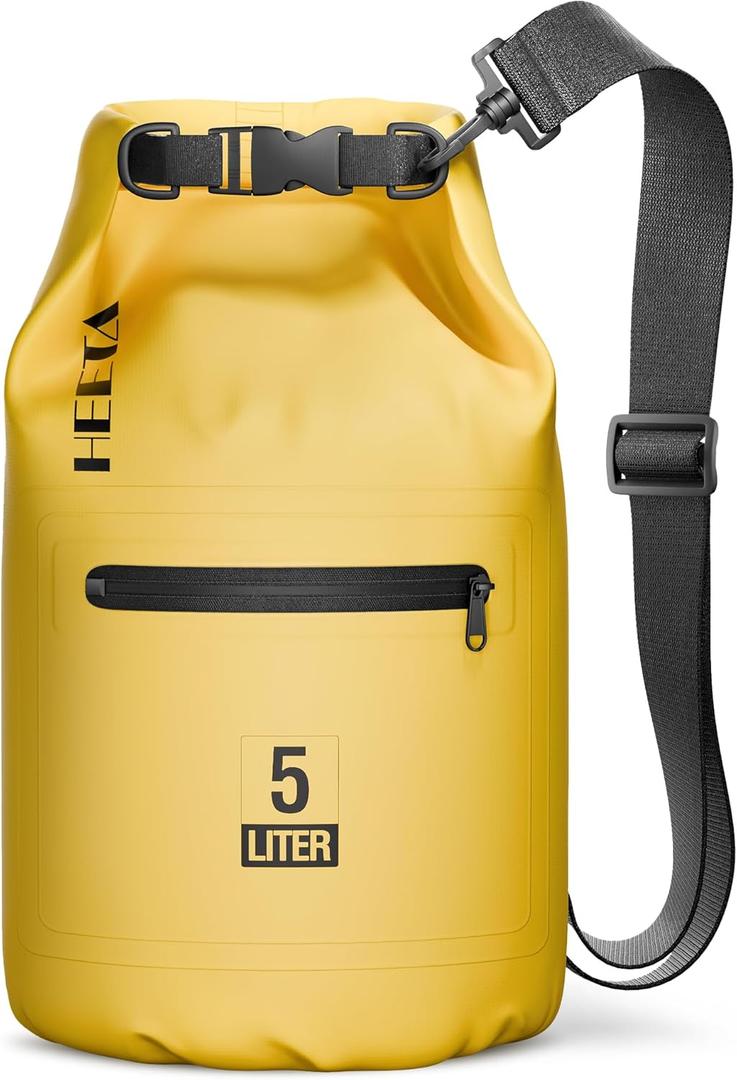 HEETA Waterproof Dry Bag with Front Zippered Pocket for Women Men, 5L/10L/20L/30L/40L Roll Top Lightweight Dry Storage Bag Backpack for Travel, Kayaking, Boating, Rafting, Camping, Hiking & Beach (Yellow)