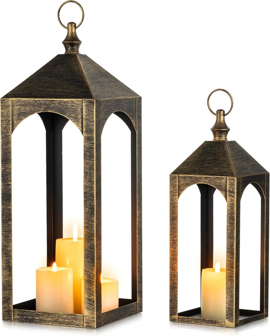 Large Outdoor Lanterns for Porch: 23" & 17" Set of 2 Floor Lantern Decorative Indoor Candle Holder for Front Porch Patio Fireplace Vintage Home Decor
