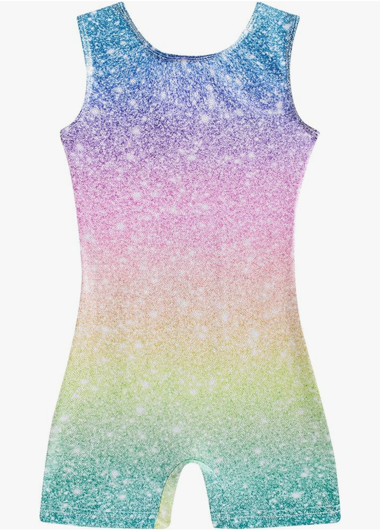 Funnycokid Girls Gymnastics Leotards with Shorts Sparkle Dance Unitards Mermaid Active Biketards 2-10 Years, 150