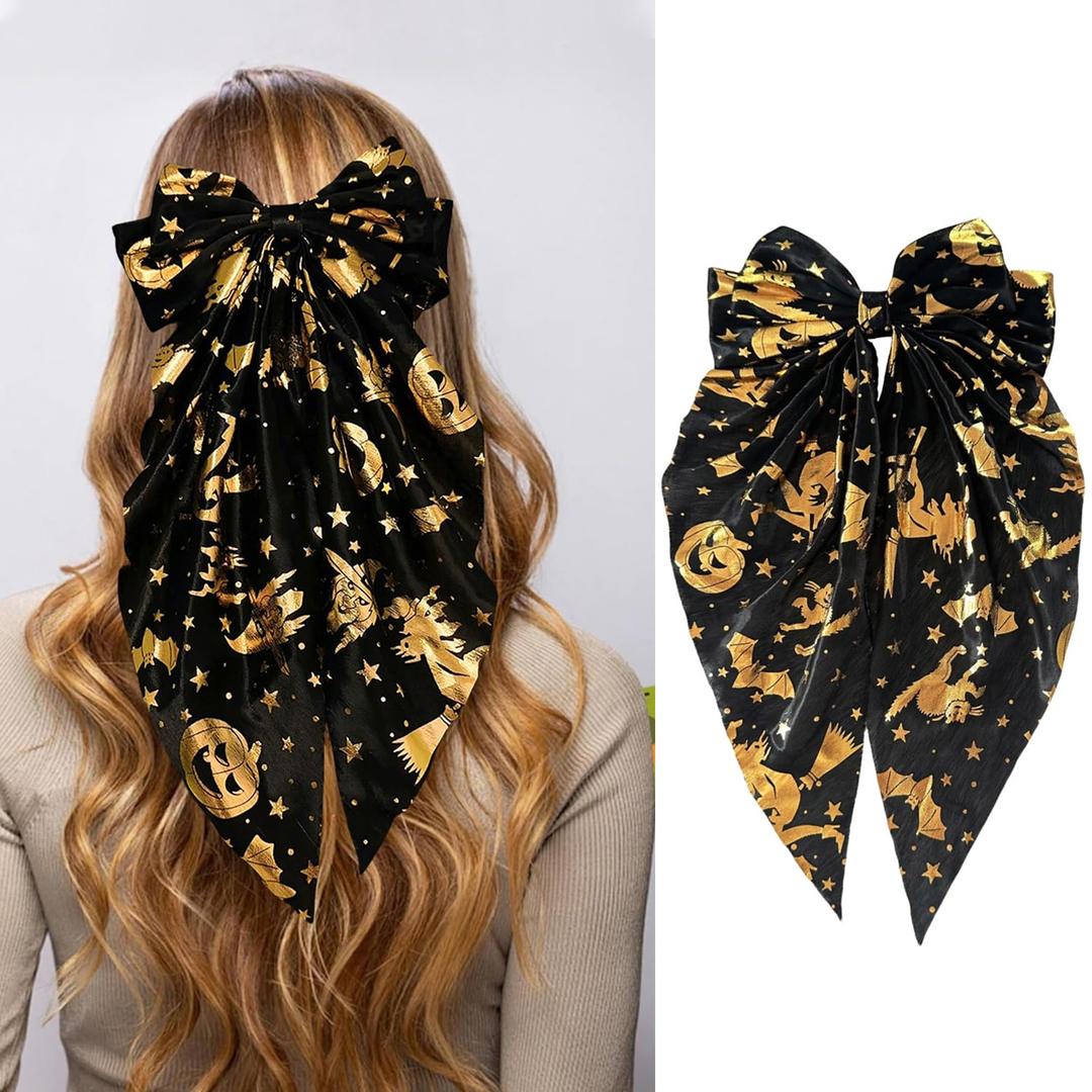 2 x Halloween Black Hair Bow Clips Halloween Pumpkin Hair Accessories Long Tail Bows Big Hair Clips Gold Witch Pumpkin Design Hair Barrettes Fall Hallowee Hairstyle Decorations for Women Girls, 1Pcs