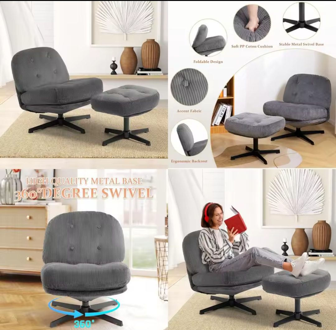 HollyHOME Modern 360°Swivel Accent Chair with Ottoman, Upholstered Comfy Reading Chair and Footstool, Fabric Lazy Chair with Soft Cushion, Lounge Sofa Chair for Living Room, Bedroom, Dark Grey