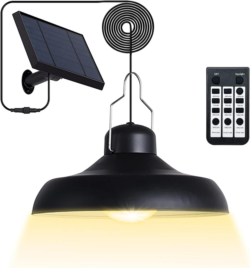 Solar Pendant Light Outdoor - Solar Shed Light Indoor 3000K 4500K 6500K with Remote Control Outdoor Lights,IP65 Waterproof Solar Indoor Lights for Garden,Chicken Coop,Gazebo,Barn