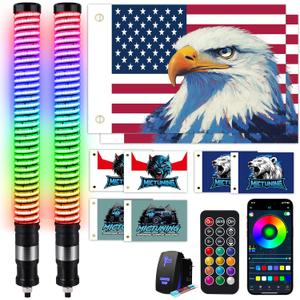 MICTUNING 2Pack COB 2FT Fat Whip Light App Control & RF Remote, with Rocker Switch & 8 Flags, RGB+IC Chasing Music Sync Spiral Antenna Whips for ATV UTV SXS RZR Can-Am X3 Off-Road
