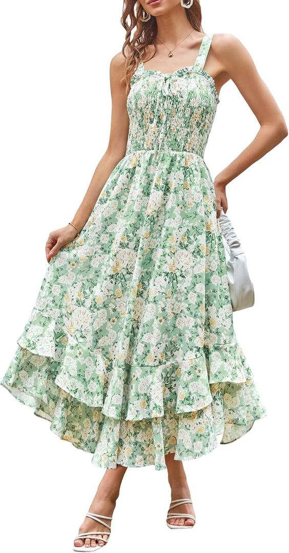 GRACE KARIN Women's 2025 Summer Floral Boho Dress Square Neck Strapped Swing A Line Sundress Beach Long Maxi Outfits (Green White) S