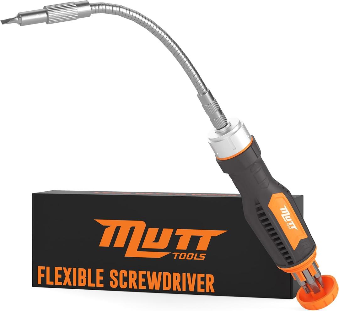 Mutt Tools 12 in 1 Ratcheting Flexible Screwdriver for Tight Spaces – Flexible Shaft Screwdriver with Bit Holder and Bendable Extension