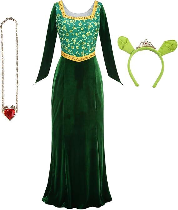 Princess Fiona Costume for Women Adult Halloween Cosplay Green Velvet Dress with Crown Necklace Full outfit, XL
