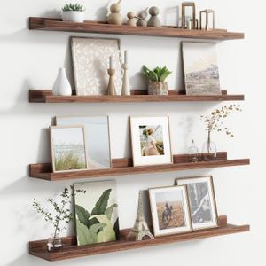Floating Picture Ledge Shelves for Wall Set of 4, 36 Inch Wall Shelves with Lip Long Large Nursery Book Shelf for Toys Storage Kids Bookshelf Wall Mounted Living Room Bedroom Decor Frames (Walnut)