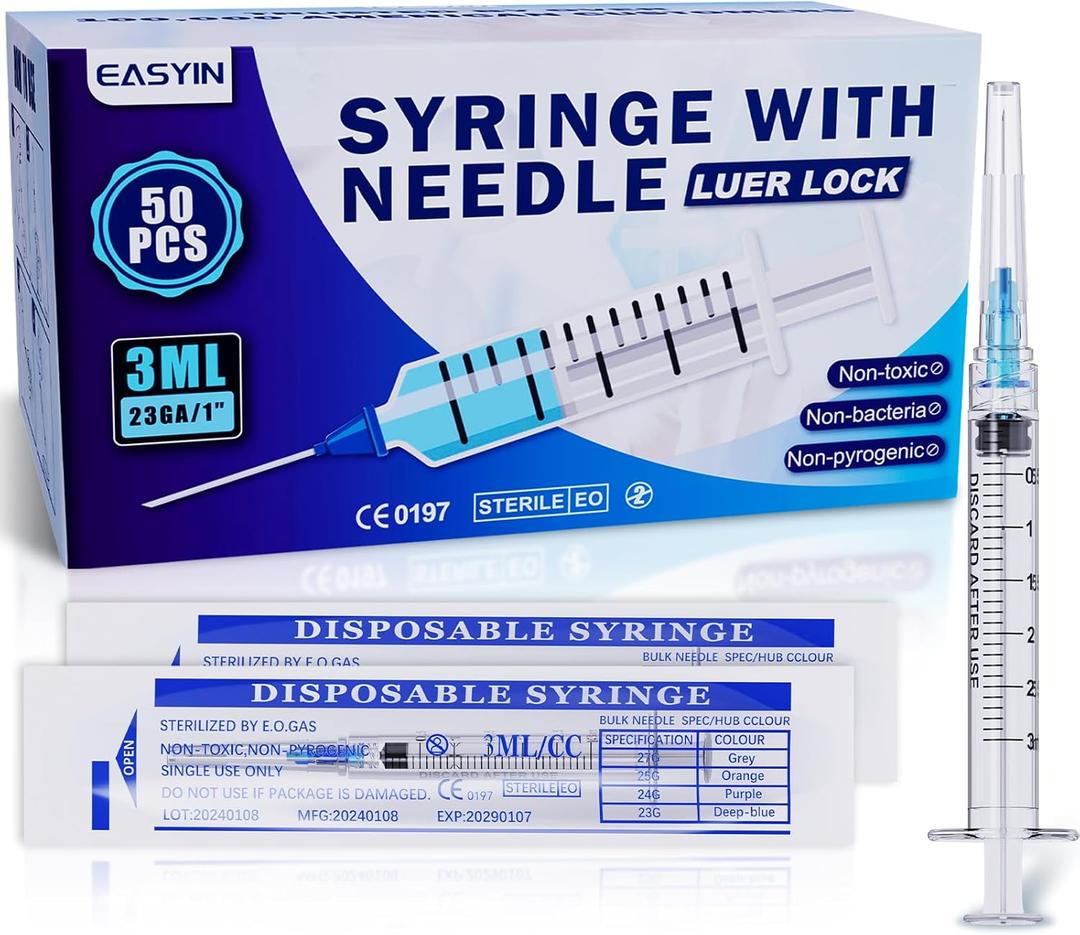 50PCS 3ml Syringe with Needle for Scientific Labs Measuring - 23g 1 Inch Needle Syringe - Individually Packaging