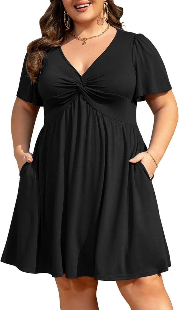Manllenshie Womens Plus Size Summer Dress Casual Short Sleeves Deep V Neck Twist Knot Front Flowy Dress with Pockets (Black, XXL)