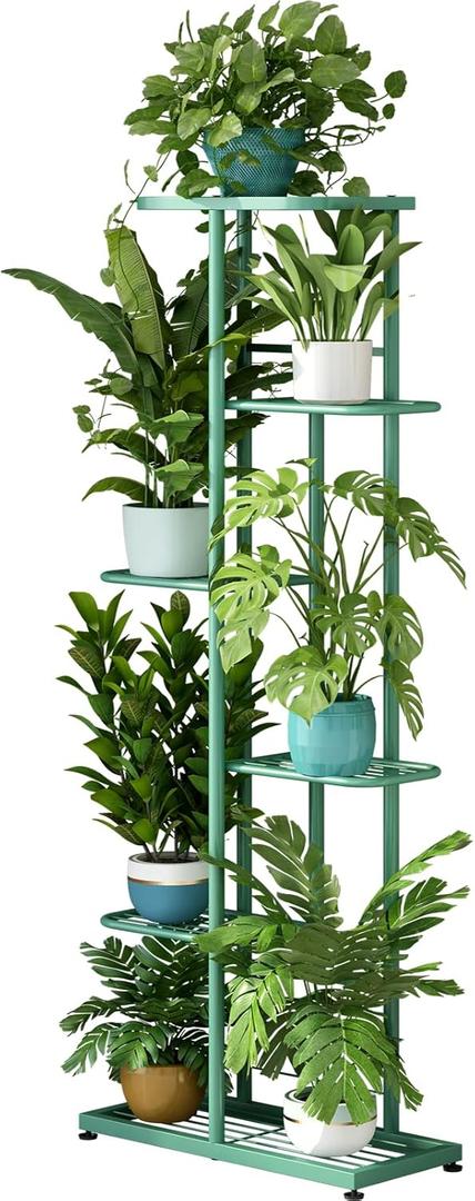 LINZINAR Plant Stand Metal 6 Tier 7 Potted Multiple Flower Pot Holder Shelf Indoor Outdoor Planter Display Shelving Unit for Patio Garden Corner Balcony Living Room (6 Tier 7 Potted, Light Green)