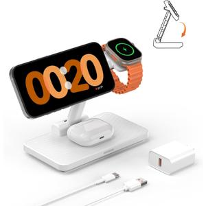 MagSafe 3 in 1 Wireless Charging Station: JoyGeek Portable Foldable Stand for iPhone 17 16 15 14 13 Pro Max Plus, Apple Watch, AirPods Pro (White)