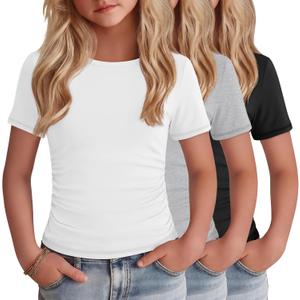 3 Pack Girls Boat Neck Tops | Short Sleeve, Slim Fit, Side Ruched, Casual, Summer, Cute, Basic, Kids, School, Play, for Girls