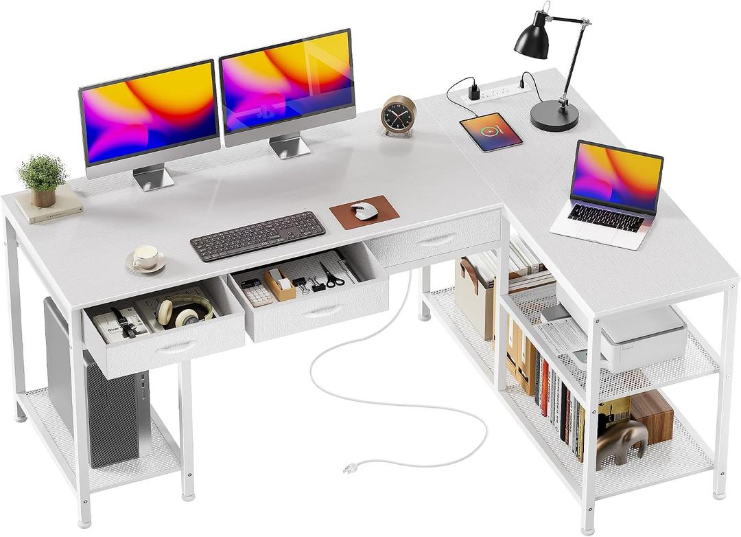 PRAISUN 55 Inch L Shaped Office Desk with Power Outlets and Type-C Port, Large Computer Gaming Desk with 3 Fabric Drawers, Mesh Shelves, Corner Study Work Writing Desk, White, 55.1inch