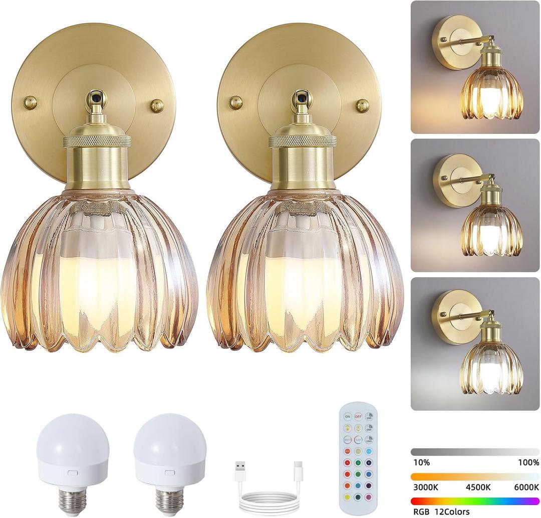 Battery Operated Wall Sconces Set of Two, Vintage Rechargeable Gold Wireless Lights with Amber Tulip Glass Shade & Remote, Dimmable LED Wall Lamp for Bedroom Living Room