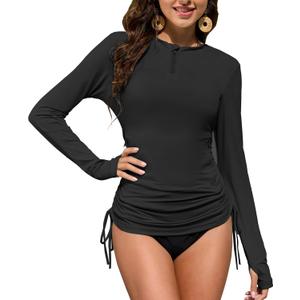 ZAFUL Women's Rash Guard Shirt UV Protection Long Sleeve Quarter‑Zip Side Pocket Drawstring Waist Pleats Breathable Sun Shirt (Black, M)