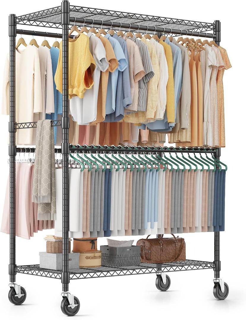 Homdox Heavy Duty Rolling Clothes Rack, Adjustable Clothing Rack for Hanging Clothes, Portable Closet Rack with 4 Hanging Rods, 2 Storage Shelves, 45" W x 20.5" D x 80" H, Black