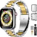 Lerobo Compatible for Apple Watch Band Ultra 49mm 44mm 45mm 46mm 42mm 38mm 40mm 41mm, Solid Stainless Steel Metal Band with 2 Pack Protective Case for iWtach Series 10 9 8 7 6 5 4 3 2 1 SE Men Women (Gold/Sliver)