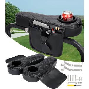 Golf Cart Armrest with Cup Holder & Rear Seat Organizer, No Drilling Golf Cart Diamond Arm Rest Fits 1" Square Tube Frame Compatible with EZGO Club Car Yamaha, Enhanced Storage & Comfort