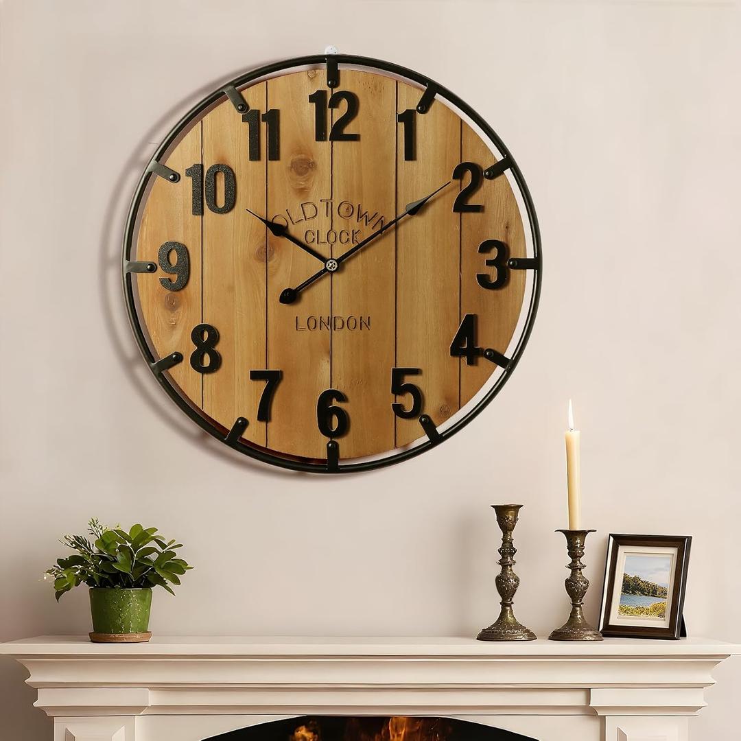 Vantic Farmhouse 24 Inch Extra Large Decorative Wall Clock with Metal Circle, Oversized Wood Wall Clock with Large Arabic Numeral for Living Room, Bedrooms and Offices, Silent and Battery Operated (Brown)
