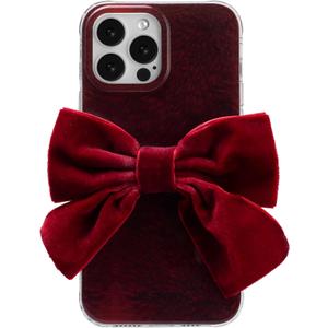Christmas Plum Red Velvet Bow Phone Case, Winter TPU Shockproof iPhone Cover, for iPhone 16/15/14/13 Pro Max and More Models Handmade, Airbag Edges (iPhone 15 Pro Max)
