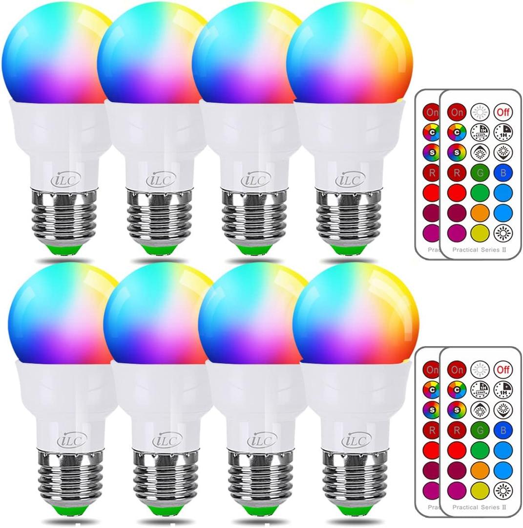ILC RGB LED Light Bulb, Color Changing Light Bulb, 40W Equivalent, 450LM, 2700K Warm White 5W E26 Screw Base RGBW, 12 Color Choices - Timing Infrared Remote Control (8 Pack)