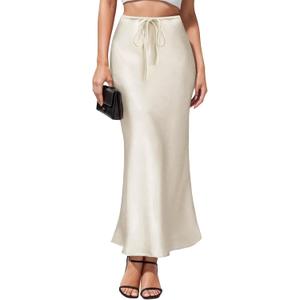 Women's Maxi Skirts Satin Drawstring High Waisted Silk Elegant Flowy Casual A-Line Long Skirt for Women (Beige, M)