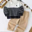 Toddler/Little Boys Long Sleeve Polo Sweatshirt Set Breathable Pullover Striped Outfits 2 Piece Set Stripe Polo 6T