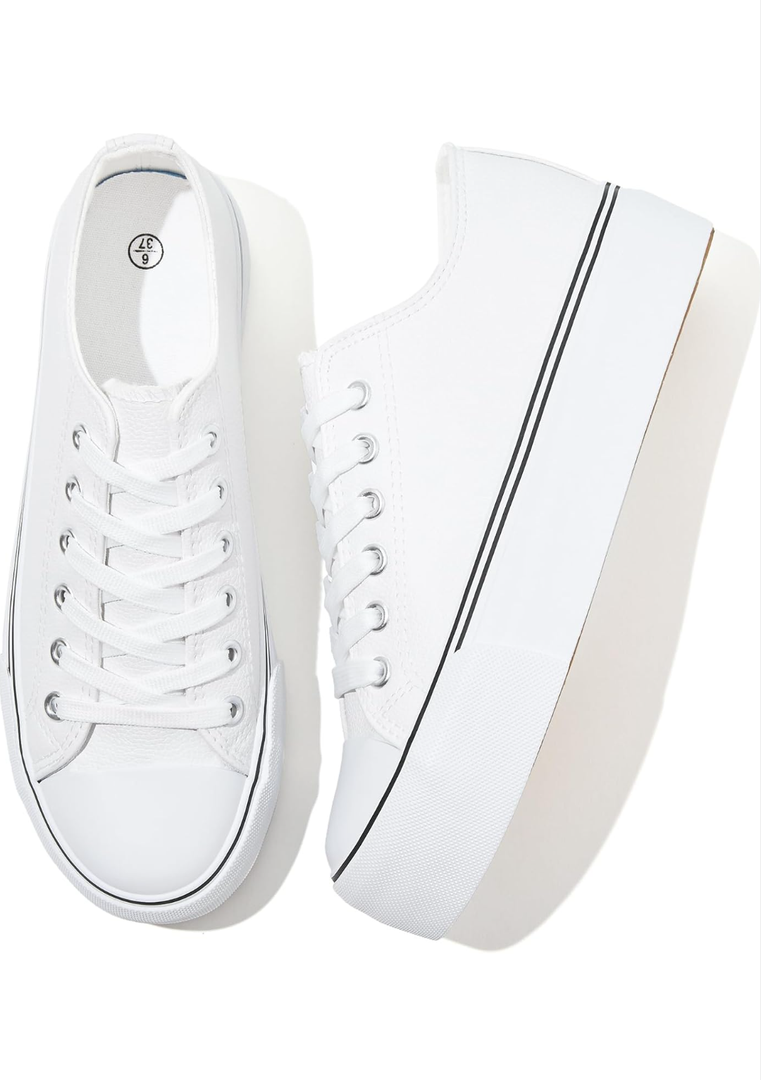 Rominz Women's White Platform Sneakers PU Leather Platform Shoes Classic Black Low Top Sneakers Casual Walking Shoes for Women Size 7,5