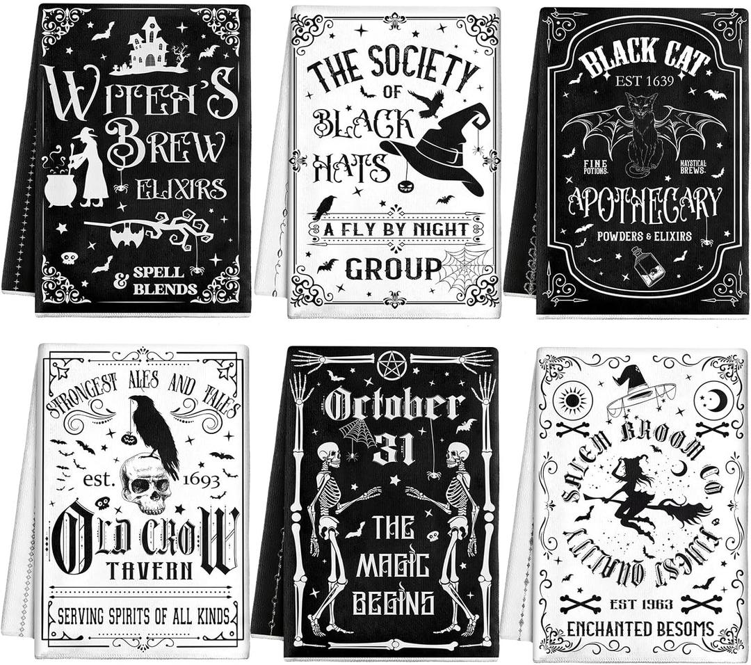 Ganeen 6 Pcs Halloween Kitchen Towels The Undead Gothic Art Dishtowels Set Halloween Skull Tea Skull Gifts Tarot Hand Towels for Cooking Baking Home Kitchen (Traditional)