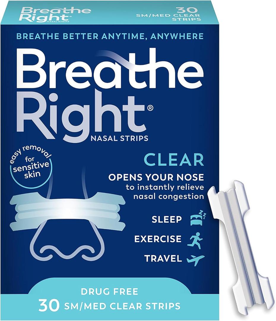 Breathe Right Nasal Strips, Clear Small/Medium Nose Strips, Snoring, Nasal Congestion, Deviated Septum, Allergies, 30 Ct