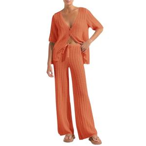Imily Bela Women's Summer 2 Piece Swimsuit Cover up Crochet Knit Cardigan Tops Long Pants Set Bathing Suit Beach Outfit - Size Large