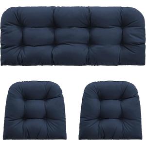 Outdoor Wicker Chair Cushions 2 Pieces for Patio Furniture, 1 Loveseat Cushion 44x22x4 and 2 U-Shaped Cushions 22x22x4, Indoor Outside Use, Fade-Resistant & Waterproof, Dark Blue