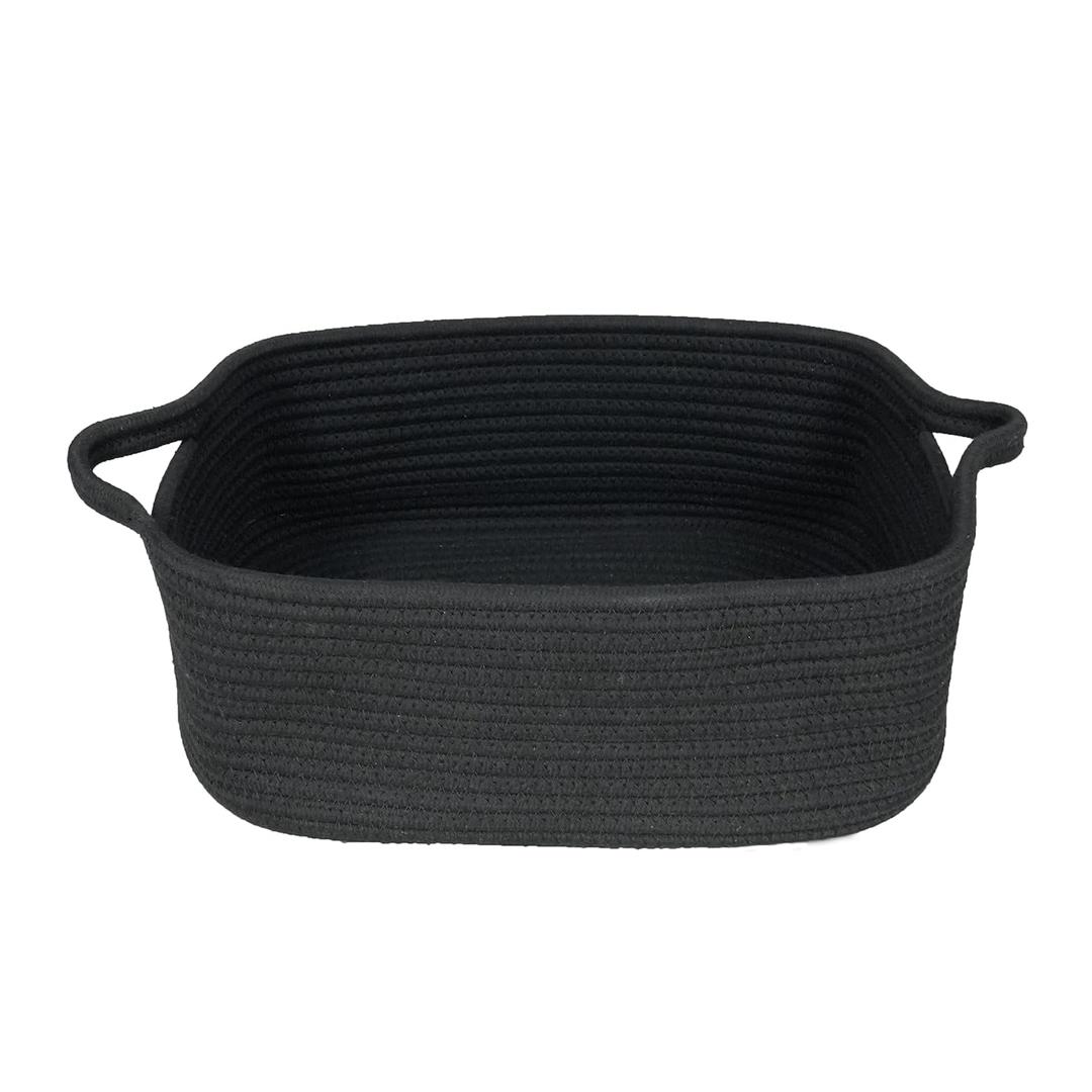 Woven Cotton Rope Storage Basket with Handles for Organizing Shelves Closet Small Cat Dog Pet Toy Basket Box Bin Decorative Rectangle Baby Nursery baskets Gift Baskets Empty Black