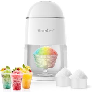 StrongBear Snow Cone Shaved Ice Machine, Electric Ice Shaver Slushie Machine, Snowcone Maker for Home Kids Summer Party, Includes 2 Reusable Ice Mold Cups, 1 Glass Goblet, 1 Non-slip Mat, White
