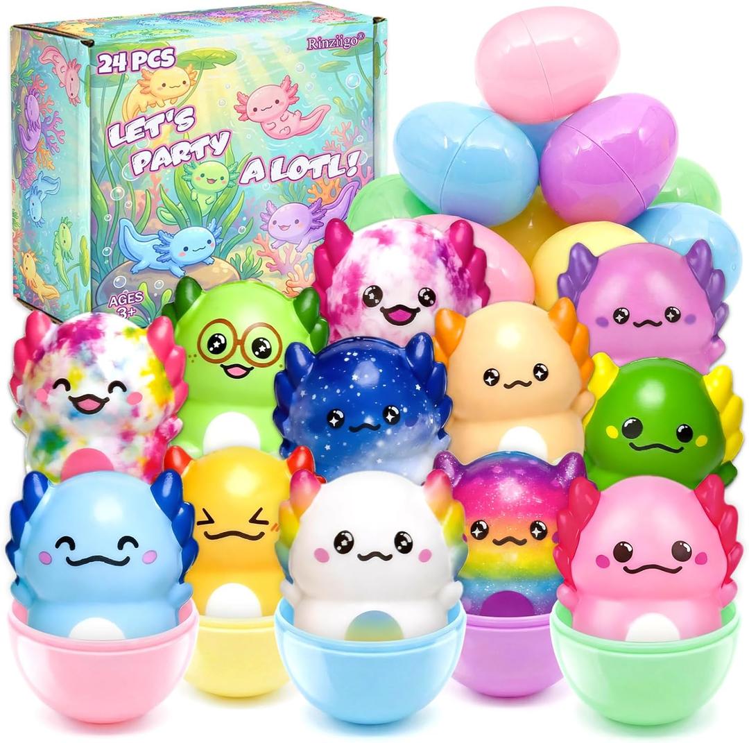 24 Pack Prefilled Easter Eggs with Squishy Toys Axolotl Slow Rising Squishy Toys Easter Eggs Filled for Kids Easter Basket Stuffers Party Favors