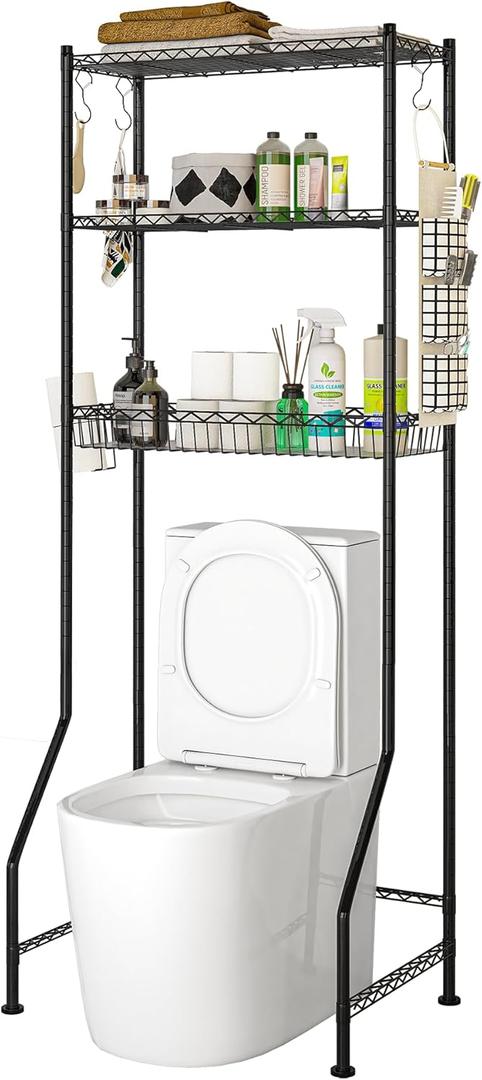 Over The Toilet Storage, 3-Tier Over Toilet Bathroom Organizer with Adjustable Shelves and Basket-Shelf, Space Saver Metal Toilet Shelf with Hooks, Roll-Holder and Hanging Bag (Black)