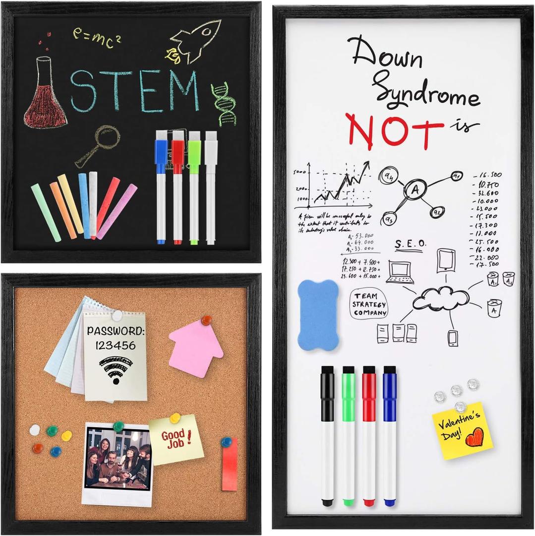 Dry Erase Whiteboard, Cork Bulletin Board, Chalkboard with Natural Wood Black Frame, 3 Pieces, 12" x 12" and 24" x 12", Combination Board 3 in 1 Free Style Mounted