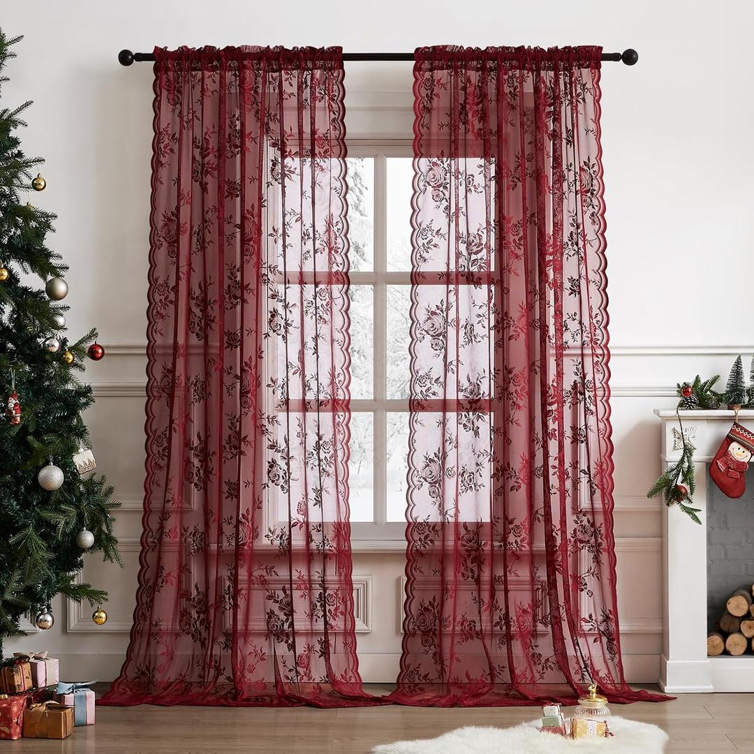 Burgundy Lace Curtains 80 Inches Long Vintage Floral Curtains 2 Panels for Bedroom Living Dining Room Rod Pocket Light Filtering Maroon French Modern Romantic Window Privacy Decor, 52x80, Wine Red