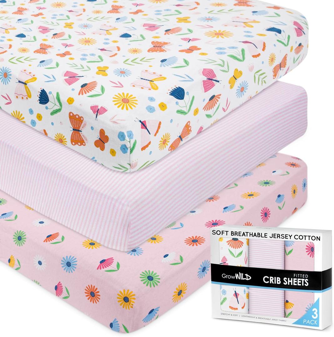 GROW WILD Butterflies & Flowers Fitted Crib Sheets Girl (3 Pack) - Soft Jersey Cotton Fitted Sheet, Toddler Bed Mattress & Baby Crib Bedding Set for Girls, Baby Girl Nursery Crib - Pink & White